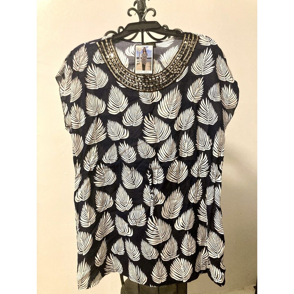 New Sequin Top L PARIS PINK Long Roomy Floral Tunic Black White Tie Waist *